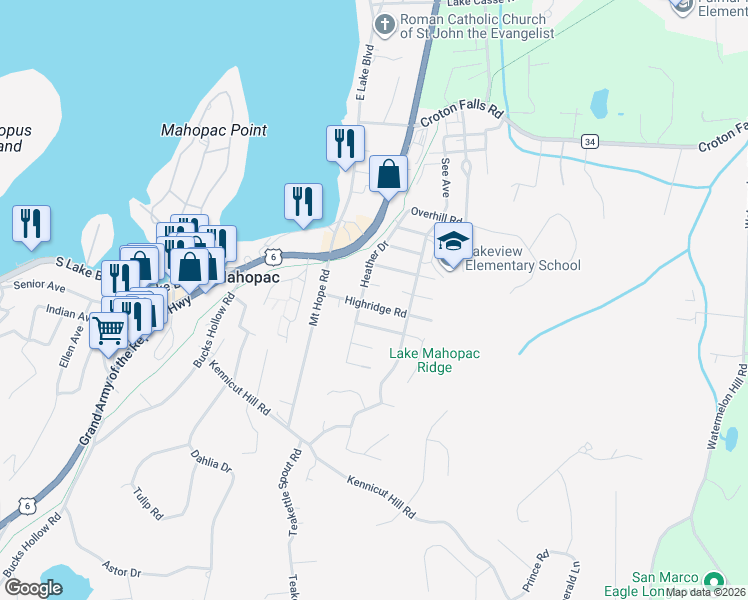 map of restaurants, bars, coffee shops, grocery stores, and more near 26 Highridge Road in Mahopac