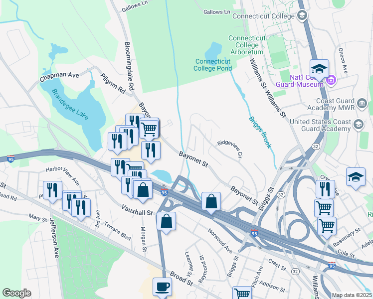 map of restaurants, bars, coffee shops, grocery stores, and more near 32 Hawthorne Drive North in New London