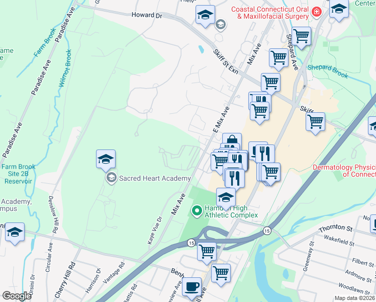 map of restaurants, bars, coffee shops, grocery stores, and more near 680 Mix Avenue in Hamden