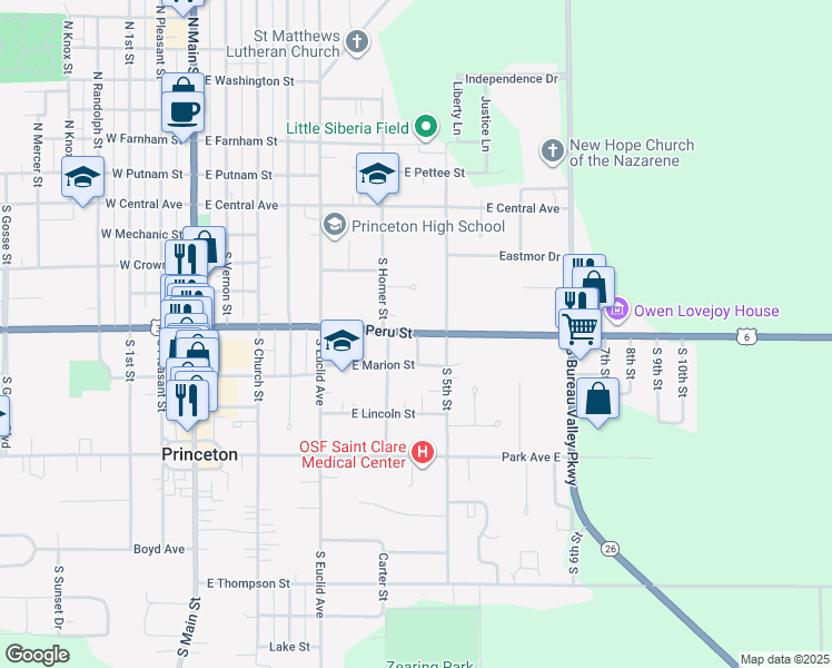 map of restaurants, bars, coffee shops, grocery stores, and more near 552 East Peru Street in Princeton