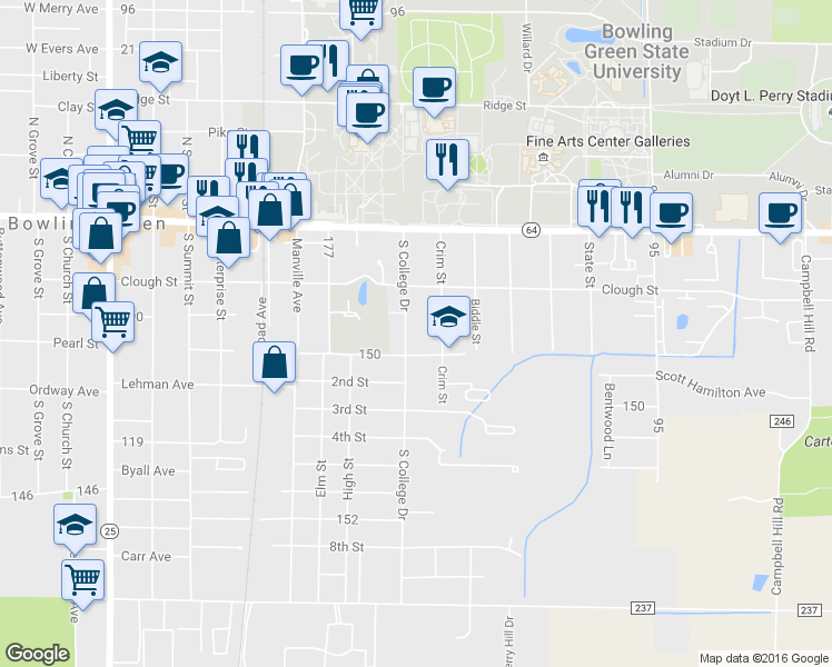 map of restaurants, bars, coffee shops, grocery stores, and more near 247 South College Drive in Bowling Green