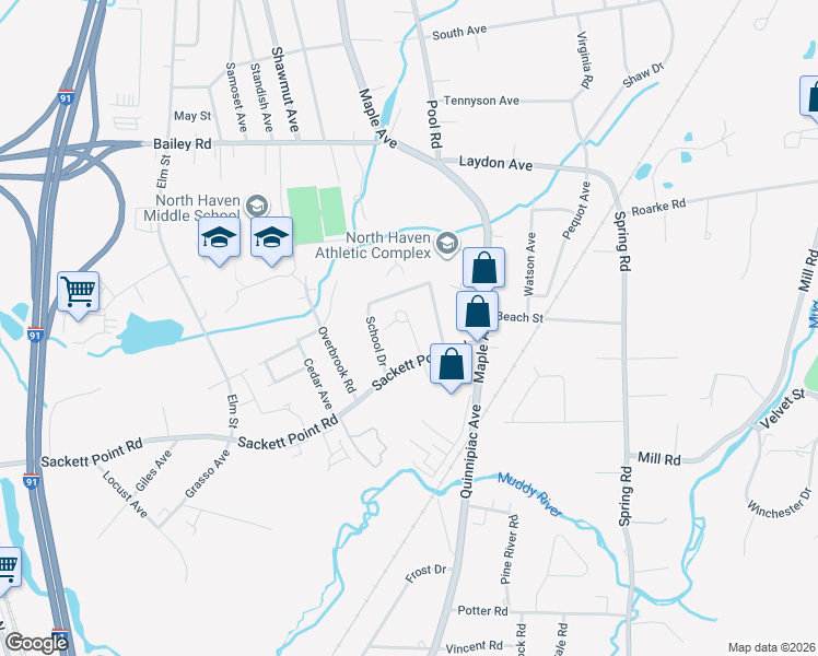 map of restaurants, bars, coffee shops, grocery stores, and more near 99 Briarwood Circle in North Haven
