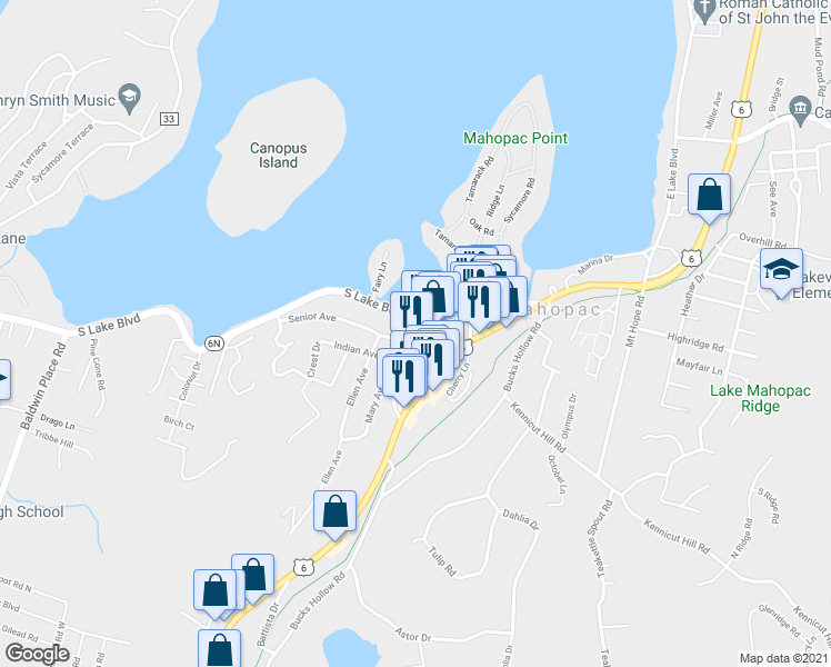 map of restaurants, bars, coffee shops, grocery stores, and more near 22 Clark Place in Mahopac