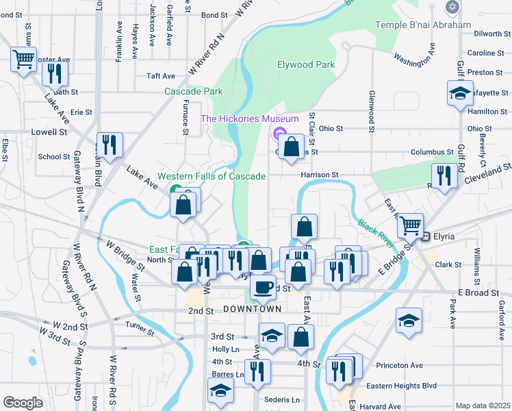 map of restaurants, bars, coffee shops, grocery stores, and more near 290 Washington Avenue in Elyria