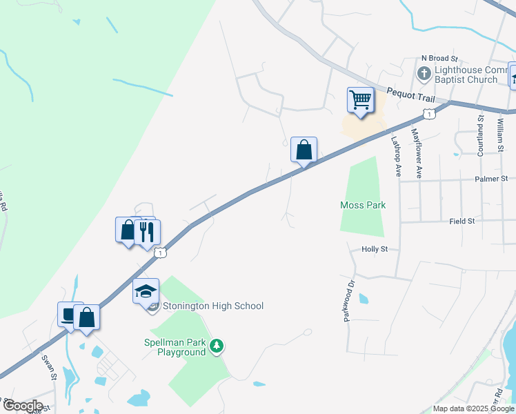 map of restaurants, bars, coffee shops, grocery stores, and more near 110 South Broad Street in Stonington