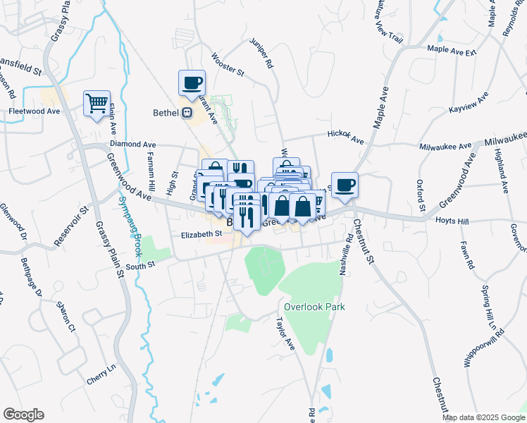 map of restaurants, bars, coffee shops, grocery stores, and more near 8 School Street in Bethel