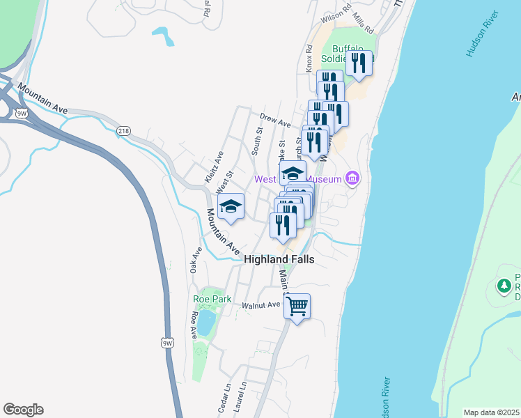map of restaurants, bars, coffee shops, grocery stores, and more near 44 Schneider Avenue in Highland Falls