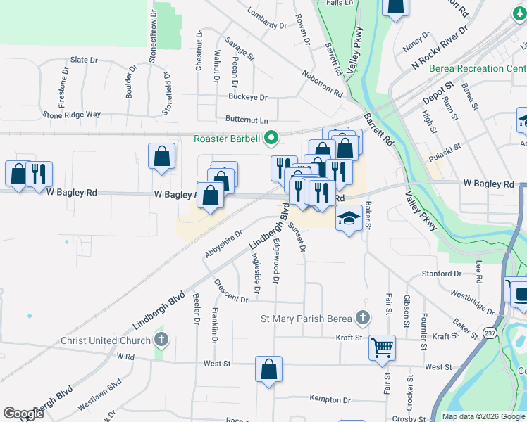 map of restaurants, bars, coffee shops, grocery stores, and more near 496 Abbyshire Drive in Berea