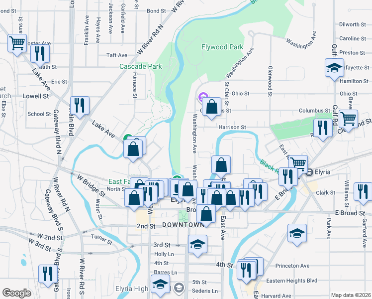 map of restaurants, bars, coffee shops, grocery stores, and more near 290 Washington Avenue in Elyria