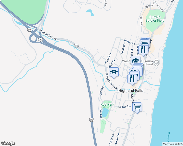 map of restaurants, bars, coffee shops, grocery stores, and more near 26 Mearns Avenue in Highland Falls