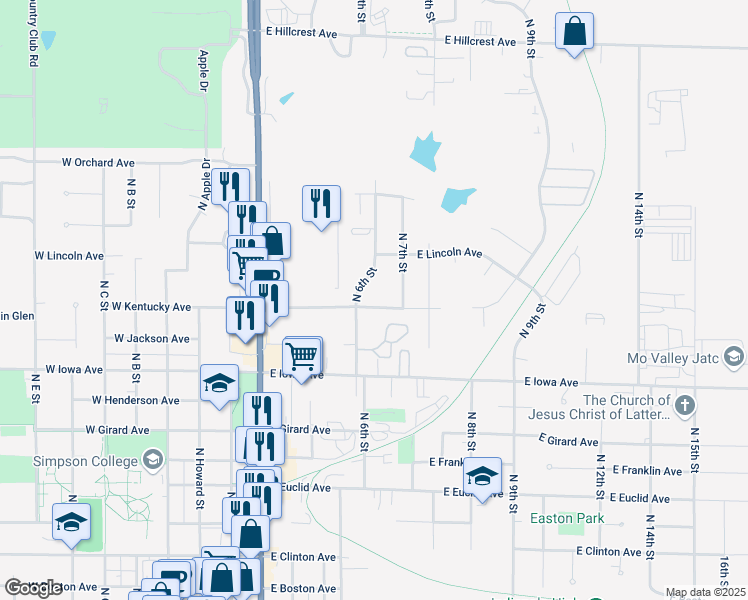 map of restaurants, bars, coffee shops, grocery stores, and more near 604 East Kentucky Avenue in Indianola