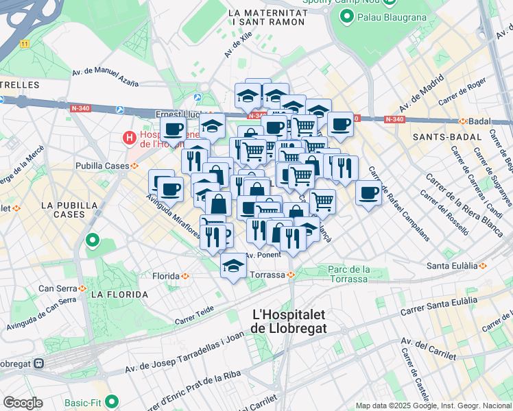 map of restaurants, bars, coffee shops, grocery stores, and more near 52 Avinguda del Torrent Gornal in L'Hospitalet de Llobregat