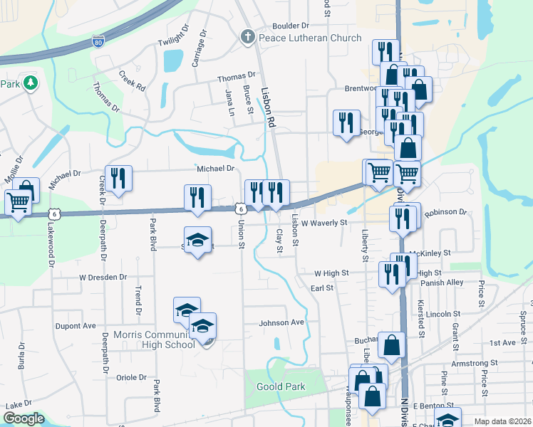 map of restaurants, bars, coffee shops, grocery stores, and more near 515 Bedford Road in Morris