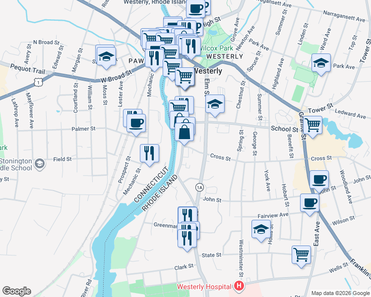 map of restaurants, bars, coffee shops, grocery stores, and more near 166 Main Street in Westerly