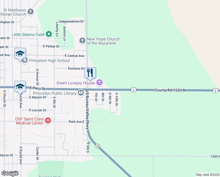 map of restaurants, bars, coffee shops, grocery stores, and more near E Peru St in Princeton