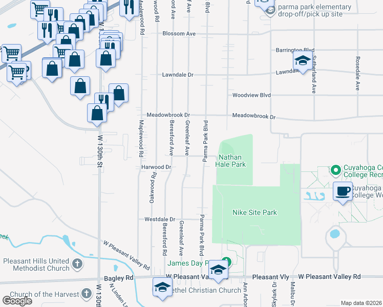 map of restaurants, bars, coffee shops, grocery stores, and more near 7073 Greenleaf Avenue in Parma Heights