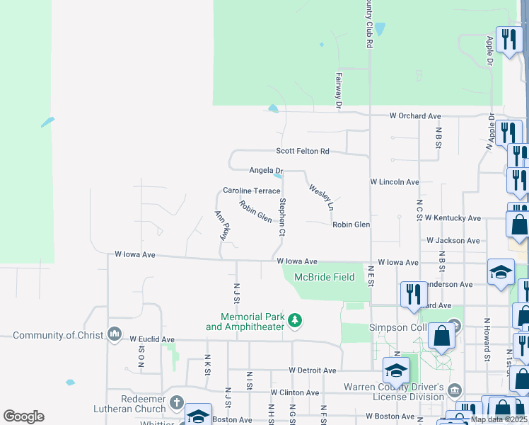 map of restaurants, bars, coffee shops, grocery stores, and more near 1000 Robin Glen in Indianola