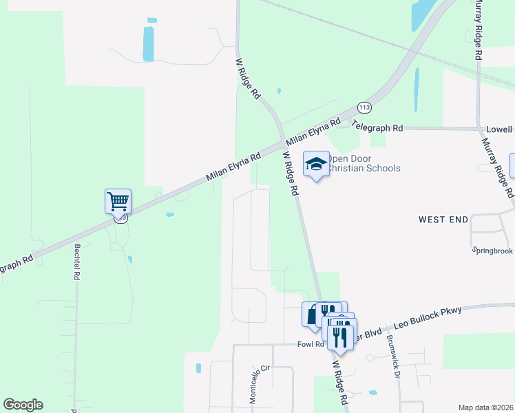 map of restaurants, bars, coffee shops, grocery stores, and more near 8310 West Ridge Road in Elyria