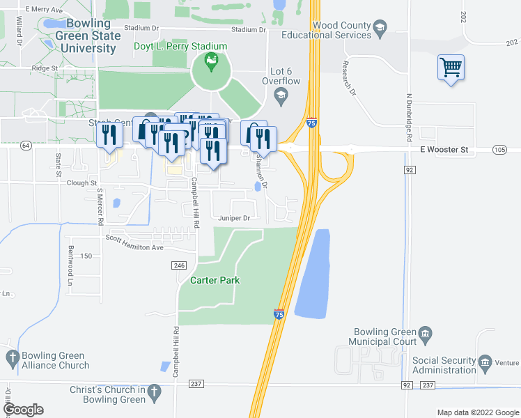 map of restaurants, bars, coffee shops, grocery stores, and more near 227 Holley Drive in Bowling Green