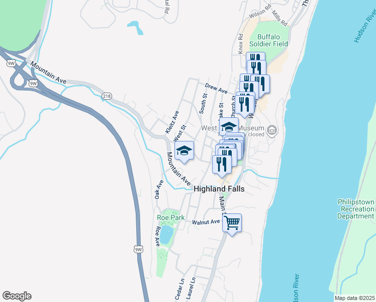 map of restaurants, bars, coffee shops, grocery stores, and more near 51 Schneider Avenue in Highland Falls