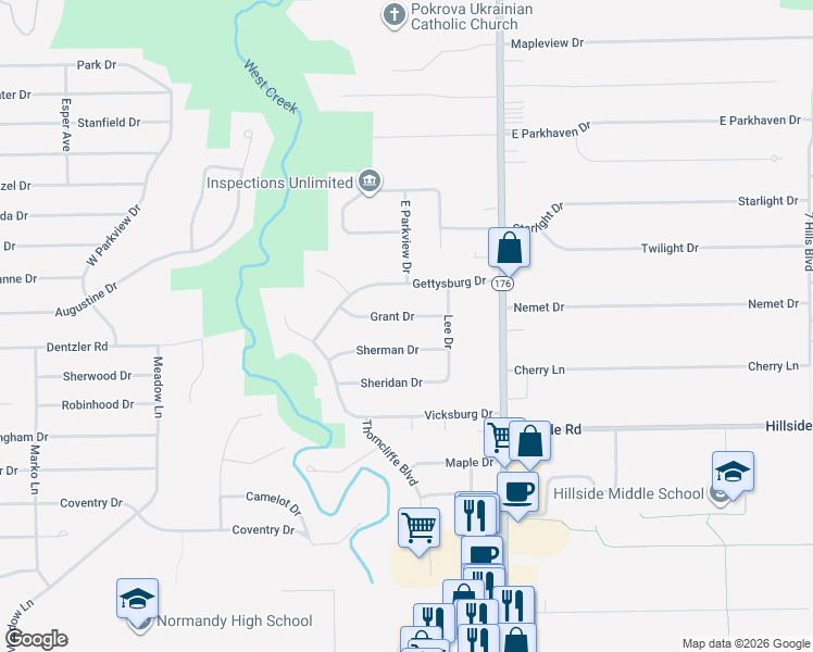 map of restaurants, bars, coffee shops, grocery stores, and more near 1401 Grant Dr in Parma