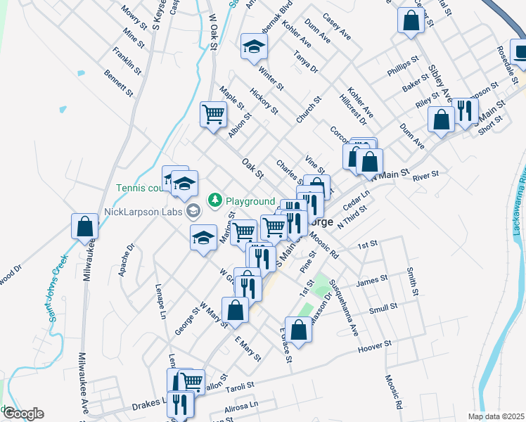 map of restaurants, bars, coffee shops, grocery stores, and more near 154 Sussex Street in Old Forge