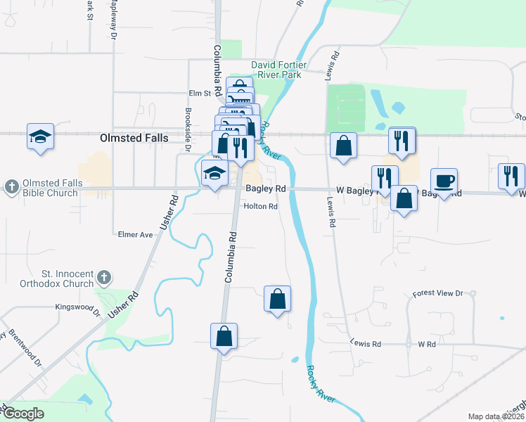 map of restaurants, bars, coffee shops, grocery stores, and more near 25319 Holton Road in Olmsted Falls