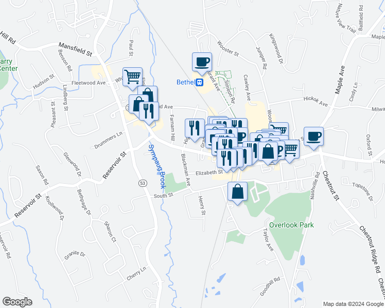 map of restaurants, bars, coffee shops, grocery stores, and more near 232 Greenwood Avenue in Bethel