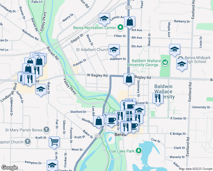 map of restaurants, bars, coffee shops, grocery stores, and more near 85 Murphy Street in Berea