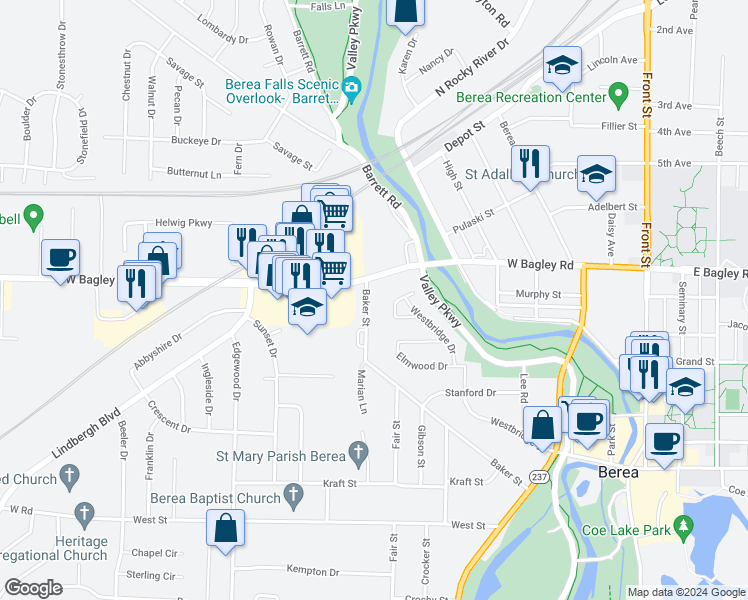 map of restaurants, bars, coffee shops, grocery stores, and more near 318 Baker Street in Berea