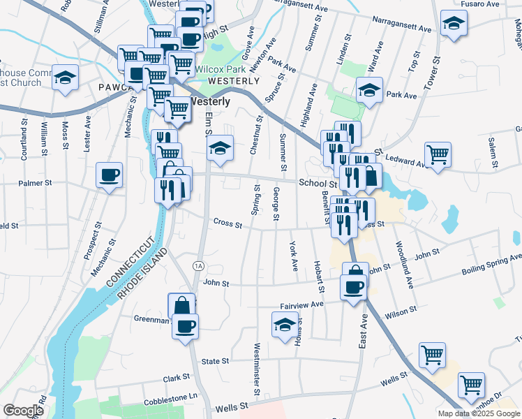 map of restaurants, bars, coffee shops, grocery stores, and more near 20 Spring Street in Westerly