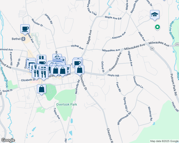 map of restaurants, bars, coffee shops, grocery stores, and more near 3 Prospect Street in Bethel