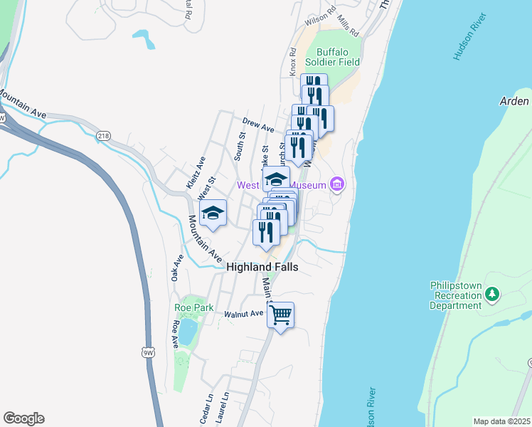 map of restaurants, bars, coffee shops, grocery stores, and more near 35 Tobins Lane in Highland Falls