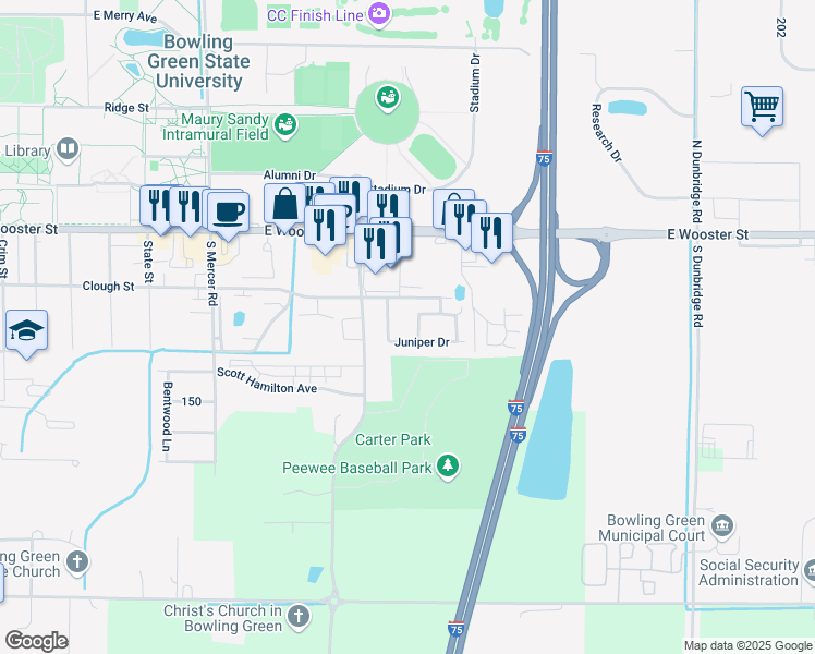 map of restaurants, bars, coffee shops, grocery stores, and more near 1627 Juniper Drive in Bowling Green