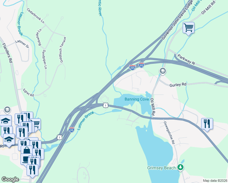 map of restaurants, bars, coffee shops, grocery stores, and more near 50 Gurley Road in East Lyme