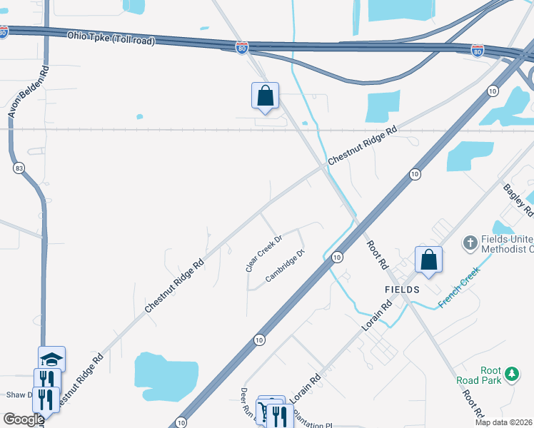 map of restaurants, bars, coffee shops, grocery stores, and more near 34875 Chestnut Ridge Road in North Ridgeville