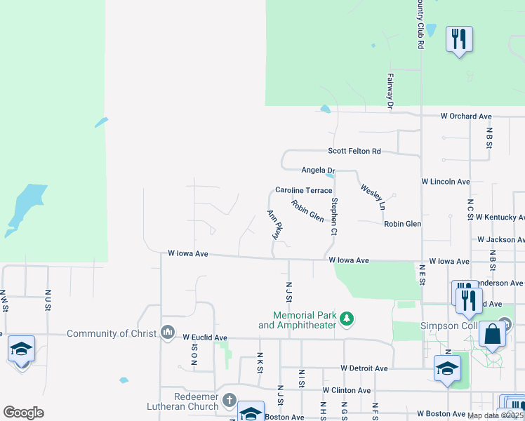map of restaurants, bars, coffee shops, grocery stores, and more near 1111 Ann Parkway in Indianola