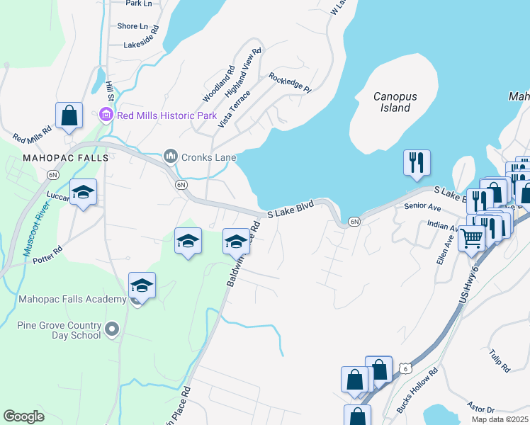 map of restaurants, bars, coffee shops, grocery stores, and more near 707 South Lake Boulevard in Mahopac