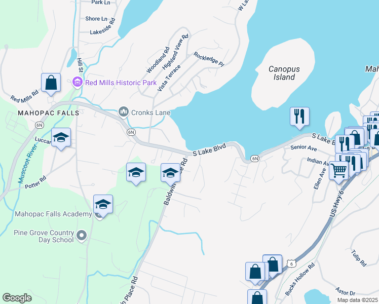 map of restaurants, bars, coffee shops, grocery stores, and more near 707 South Lake Boulevard in Mahopac