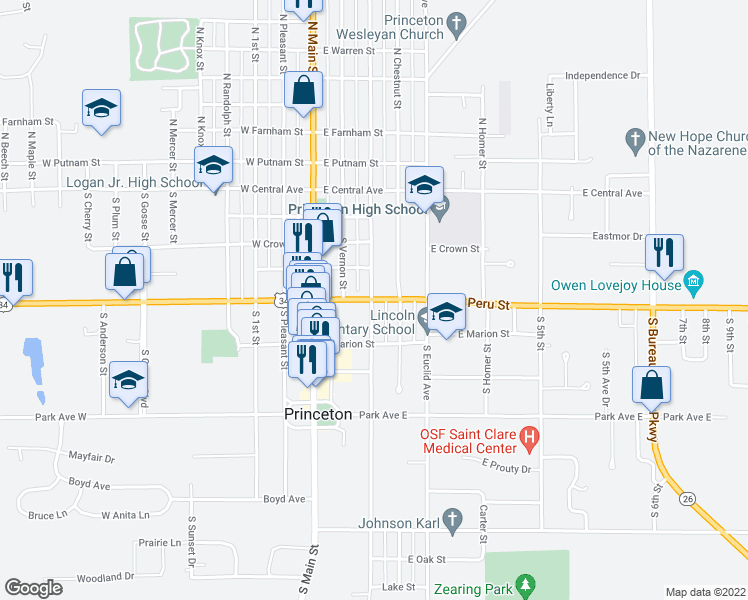 map of restaurants, bars, coffee shops, grocery stores, and more near 204 East Peru Street in Princeton