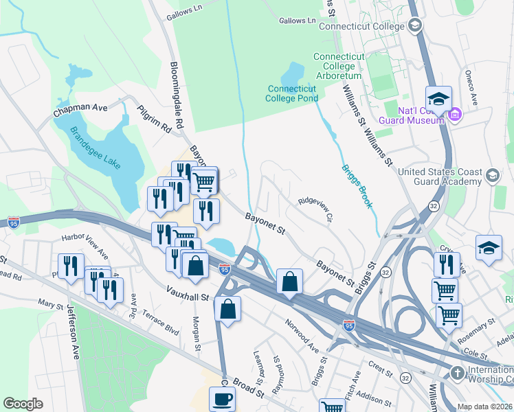 map of restaurants, bars, coffee shops, grocery stores, and more near 17 Hawthorne Drive North in New London