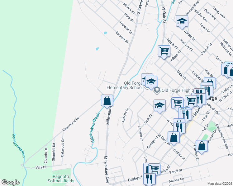 map of restaurants, bars, coffee shops, grocery stores, and more near 525 Milwaukee Ave in Old Forge