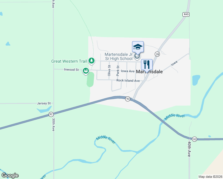 map of restaurants, bars, coffee shops, grocery stores, and more near 227 Walnut Drive in Martensdale