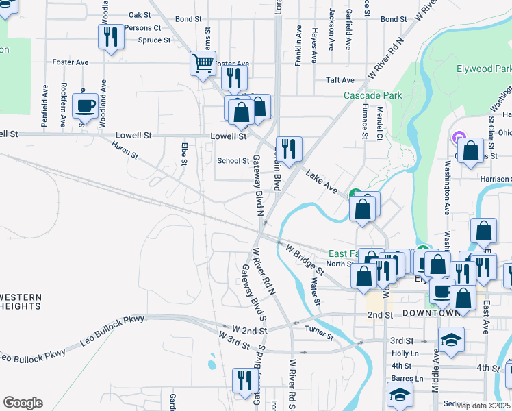 map of restaurants, bars, coffee shops, grocery stores, and more near 128 Gateway Boulevard North in Elyria