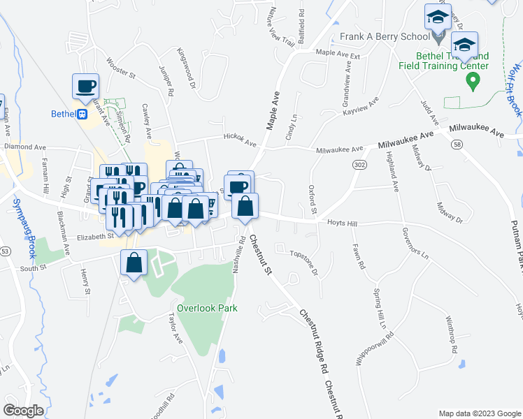 map of restaurants, bars, coffee shops, grocery stores, and more near 69 Greenwood Avenue in Bethel