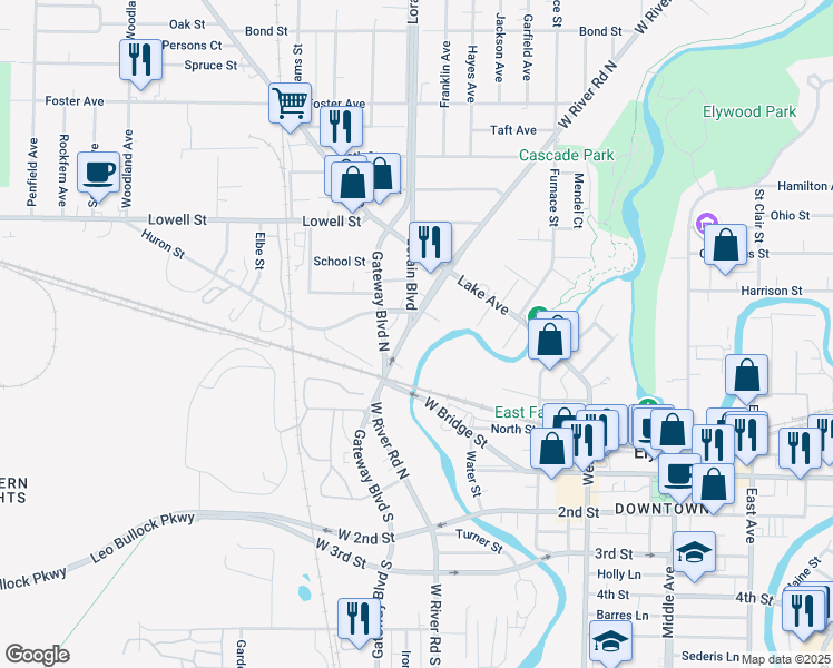 map of restaurants, bars, coffee shops, grocery stores, and more near 439 West River Road North in Elyria