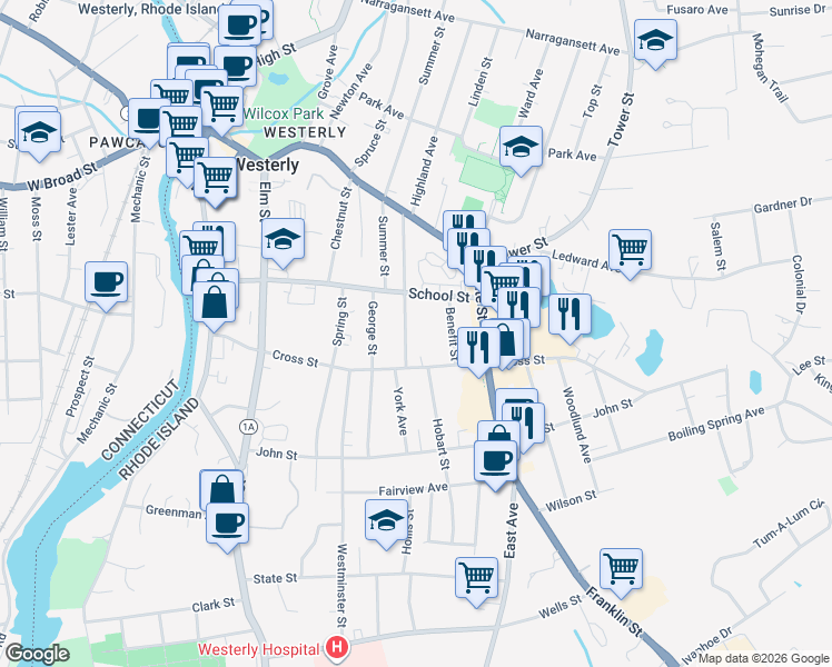 map of restaurants, bars, coffee shops, grocery stores, and more near 38 Chester Avenue in Westerly