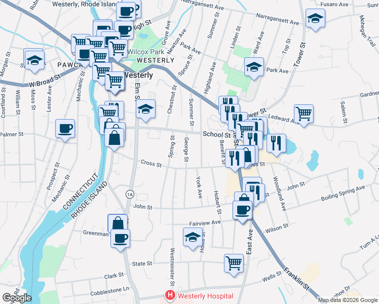 map of restaurants, bars, coffee shops, grocery stores, and more near 18 George Street in Westerly
