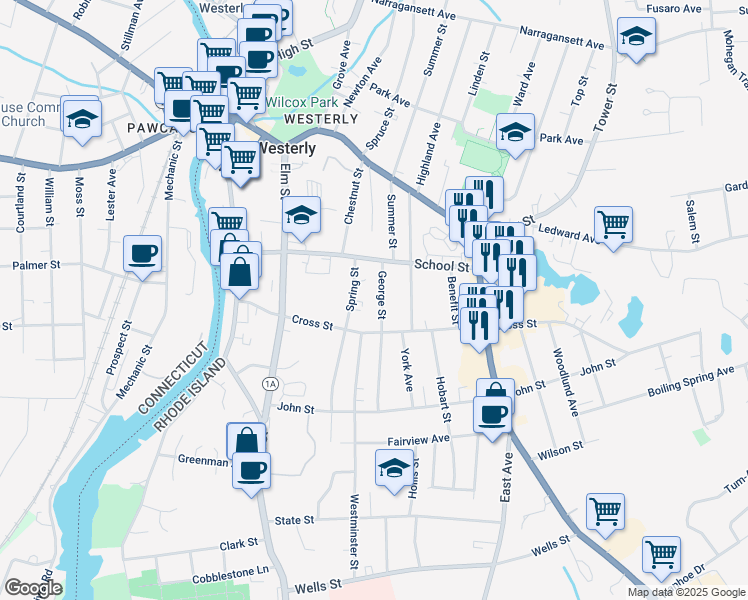 map of restaurants, bars, coffee shops, grocery stores, and more near 18 George Street in Westerly