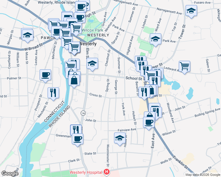 map of restaurants, bars, coffee shops, grocery stores, and more near 20 Spring Street in Westerly